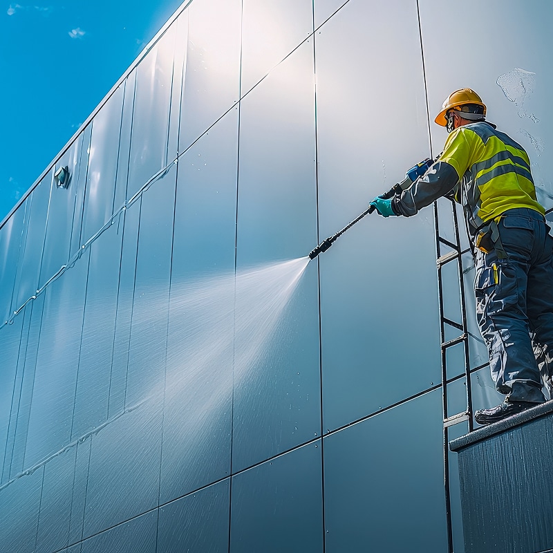 Ouvrier avec casque et gilet fluorescent nettoie la façade d'un bâtiment moderne avec un nettoyeur haute pression sous un ciel bleu.
