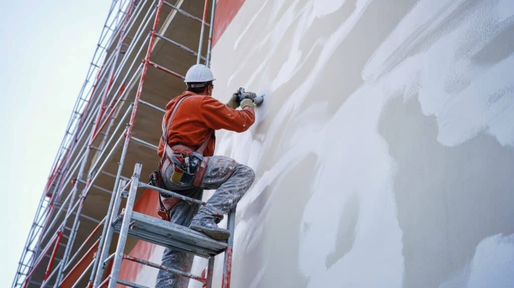 Un ouvrier du bâtiment sur échafaudage applique un enduit blanc sur un mur extérieur. Il porte un casque de sécurité et un harnais, ses vêtements sont salis.