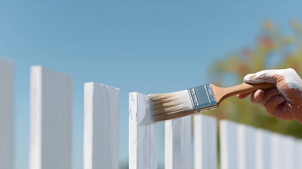 Main peignant une clôture blanche en bois avec un pinceau. La peinture écaillée et neuve contraste sous un ciel bleu clair.