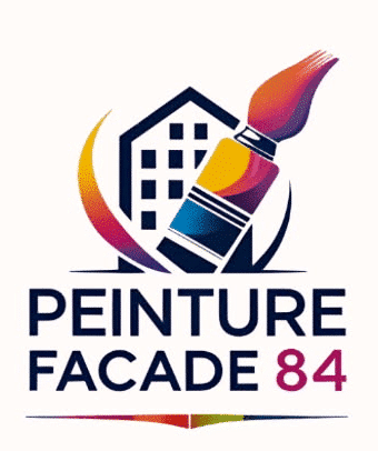 Pinceau multicolore et façade de bâtiment stylisée. Texte du logo : PEINTURE FAÇADE 84, avec le 84 en rouge.