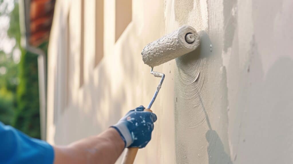 Main gantée de bleu peignant un mur extérieur de maison avec un rouleau de peinture, appliquant une couche claire texturée.